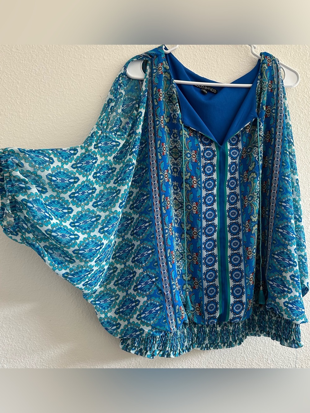 Coco Bianco Teal & Blue Printed Flutter-Sleeve Blouse